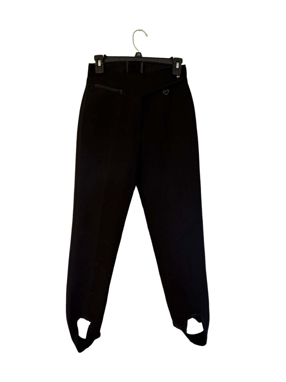 Obermeyer Vintage Black Wool Blend Stirrup Ski Pants with Heart Detail